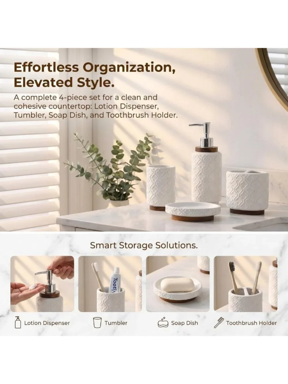 Elegant 4-Piece White Ceramic Bathroom Accessory Set with Wood Accents, Decor